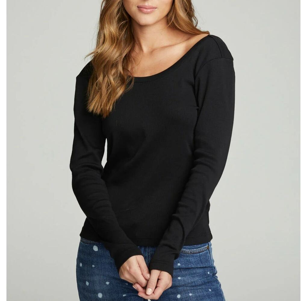 CHASER Shirt Long Sleeve Size Medium Shirred V-Back Tee Ribbed Jet Black Ruched
